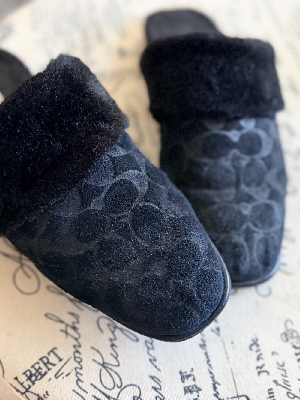 Coach Black Suede Logo Slide Mules